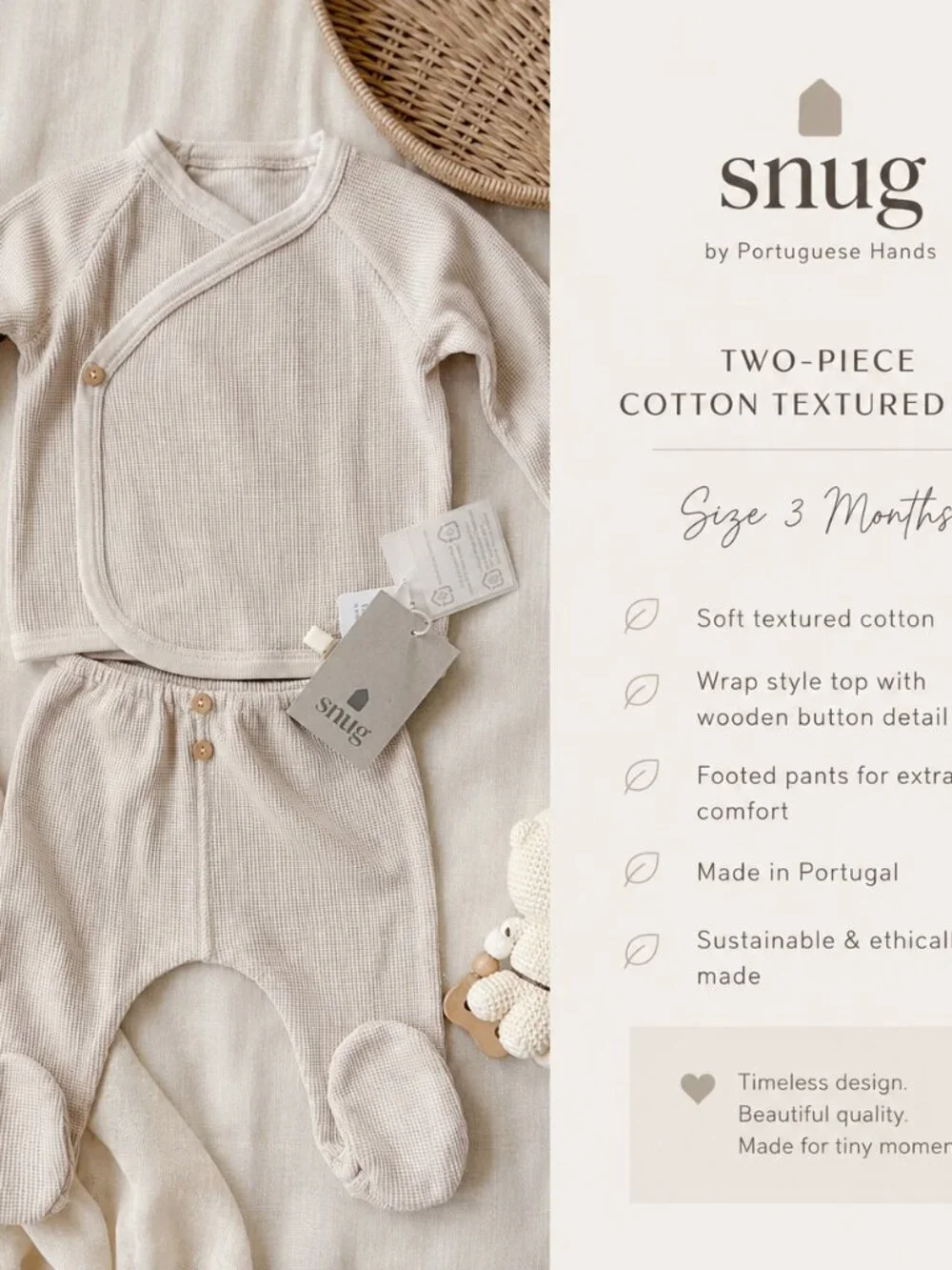 NWT Snug Portuguese Hands 3M Organic Cotton Waffle Baby Set Portugal Neutral